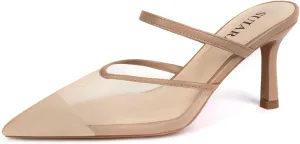 Mesh Kitten Heels for Women Pointed Closed Toe Mule Heeled Sandals Sexy Slip On Dress Pumps