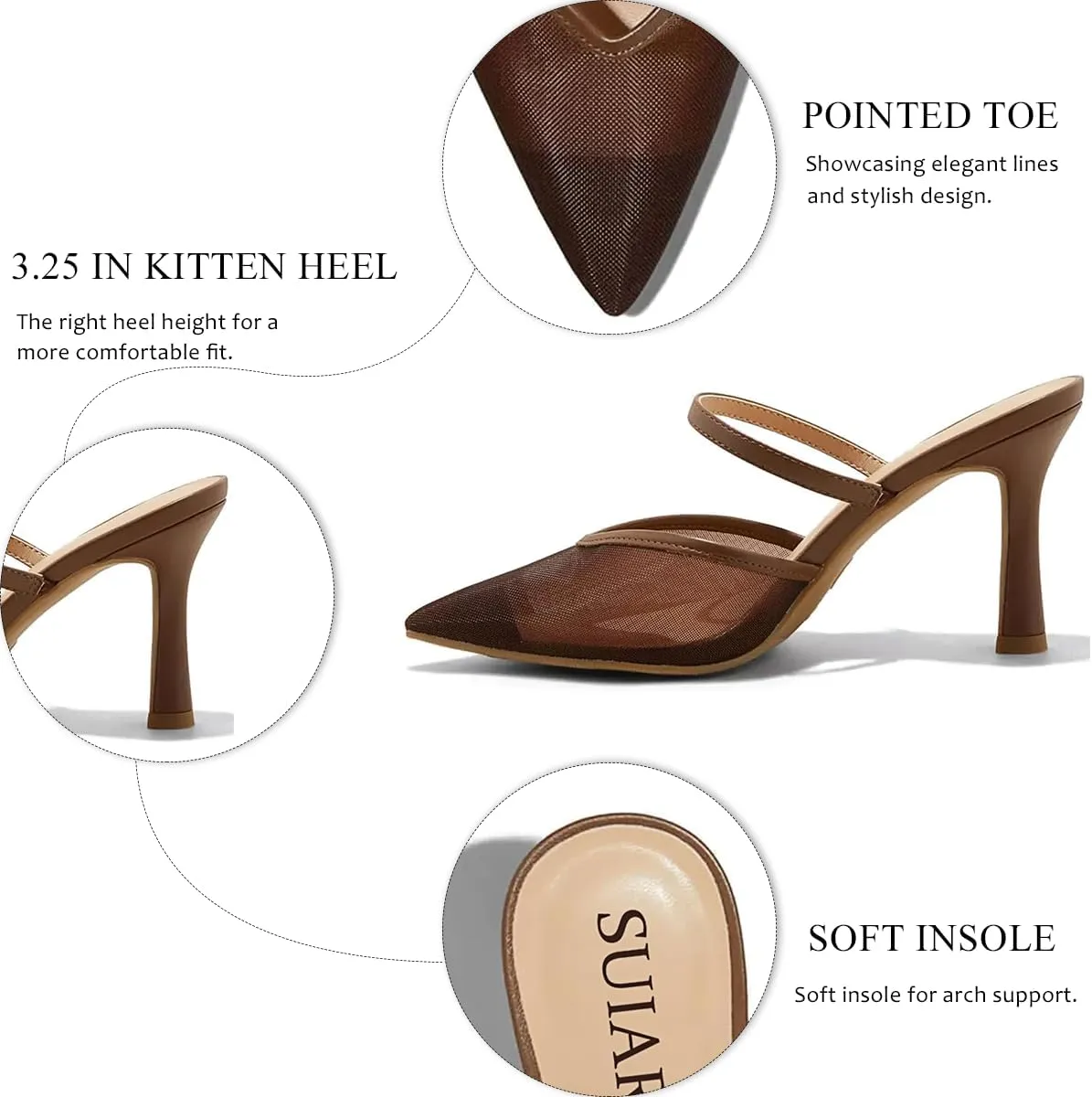 Mesh Kitten Heels for Women Pointed Closed Toe Mule Heeled Sandals Sexy Slip On Dress Pumps