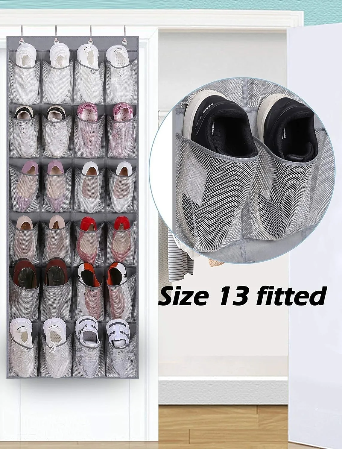 MISSLO Over The Door Shoe Organizer Hanging Closet Holder Hanger Storage Bag Rack with 24 Large Mesh Pockets, Gray