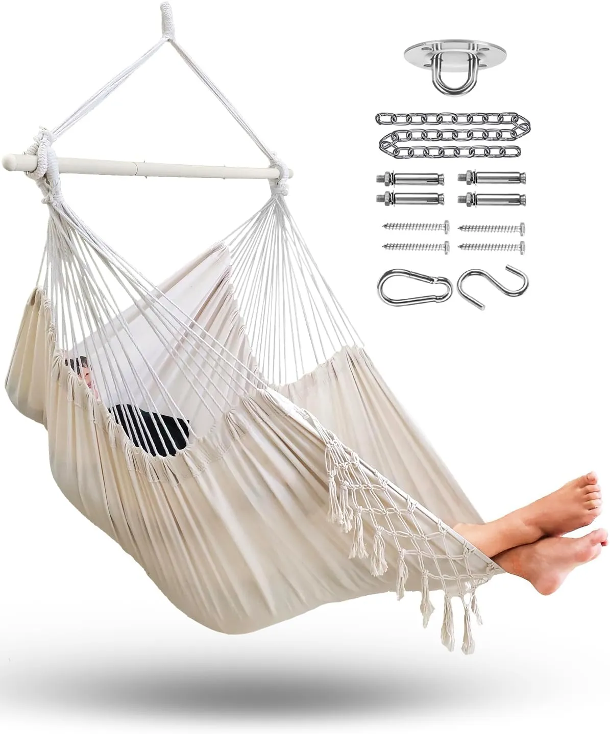 MIZTLI Hammock Chair Hanging Chair Swing Chair XXL Large Macrame Swing Indoor Hammock for Bedroom - Max 500 Lbs - All Hanging Kit Included