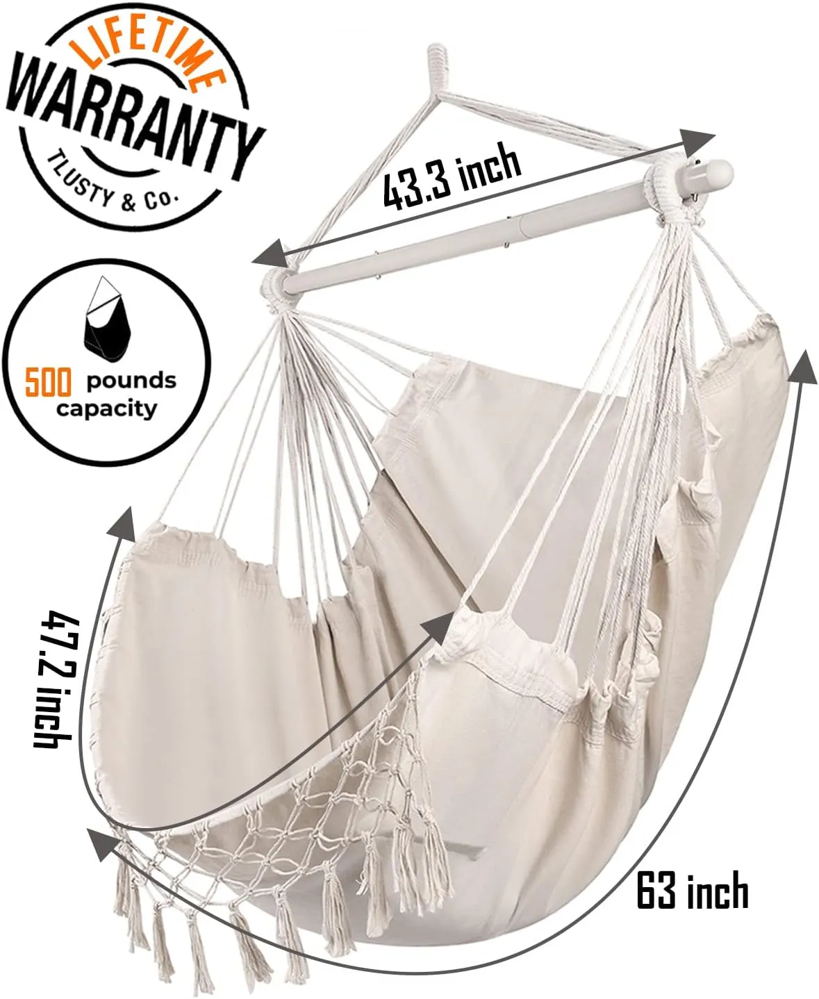 MIZTLI Hammock Chair Hanging Chair Swing Chair XXL Large Macrame Swing Indoor Hammock for Bedroom - Max 500 Lbs - All Hanging Kit Included