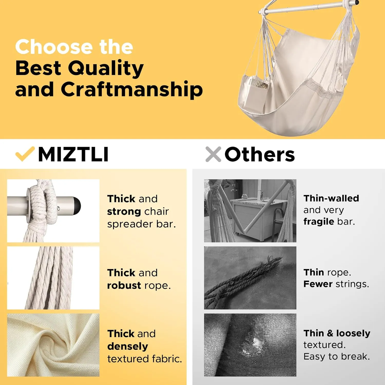 MIZTLI Hammock Chair Hanging Chair Swing Chair XXL Large Macrame Swing Indoor Hammock for Bedroom - Max 500 Lbs - All Hanging Kit Included