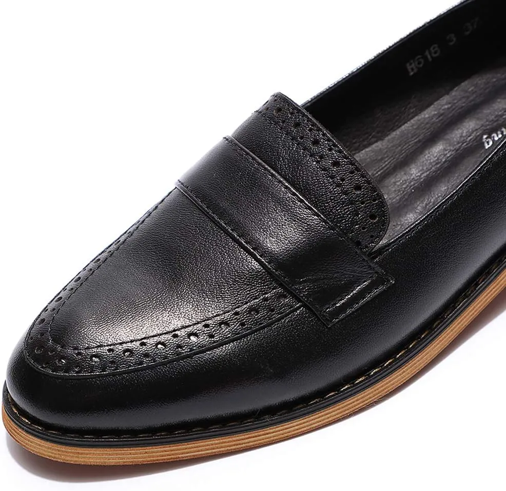Mona flying Women's Classy Leather Penny Loafer Dress Casual Slip on Flat Office Work Shoes for Ladies