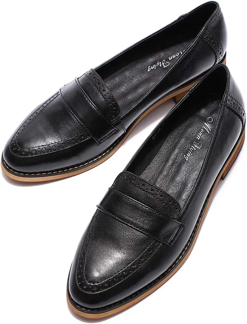 Mona flying Women's Classy Leather Penny Loafer Dress Casual Slip on Flat Office Work Shoes for Ladies