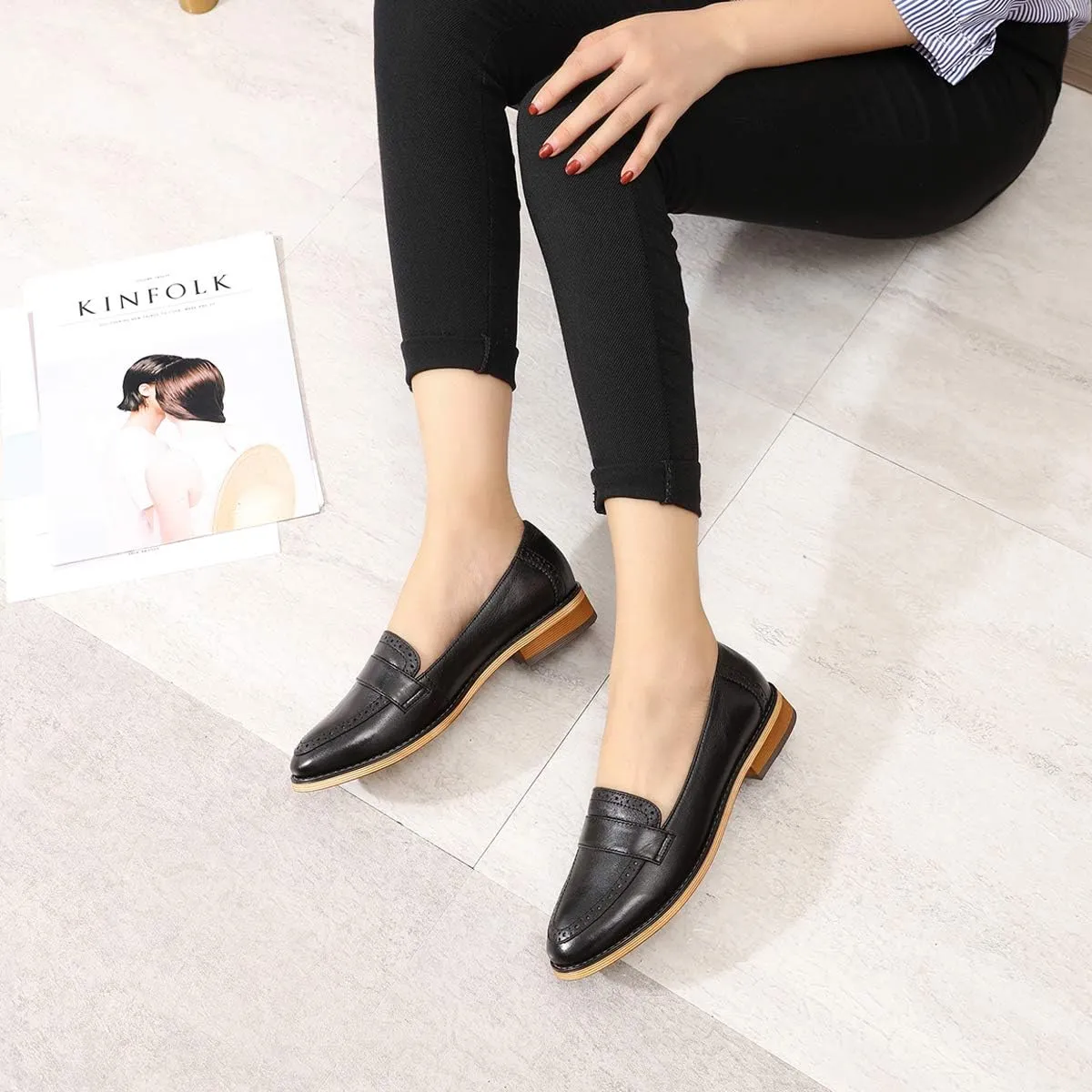 Mona flying Women's Classy Leather Penny Loafer Dress Casual Slip on Flat Office Work Shoes for Ladies