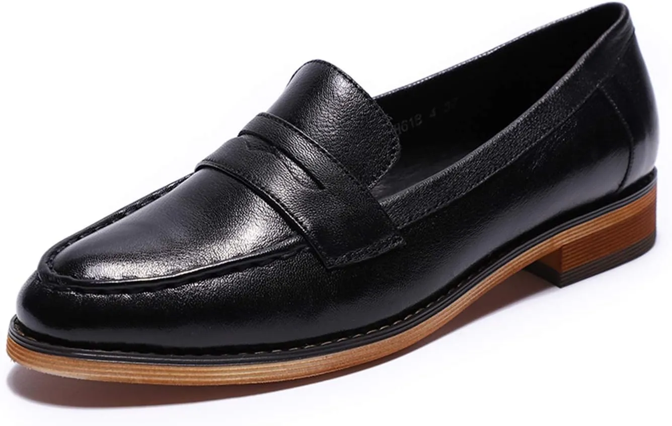 Mona flying Women's Classy Leather Penny Loafer Dress Casual Slip on Flat Office Work Shoes for Ladies