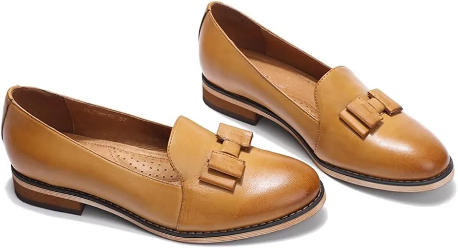 Mona flying Women's Leather Bow Penny Loafer Business Casual Slip on Flat Office Work Shoes for Ladies