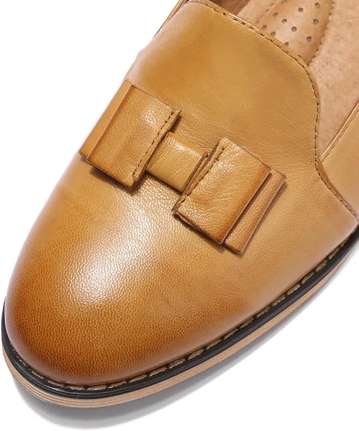 Mona flying Women's Leather Bow Penny Loafer Business Casual Slip on Flat Office Work Shoes for Ladies