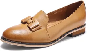 Mona flying Women's Leather Bow Penny Loafer Business Casual Slip on Flat Office Work Shoes for Ladies