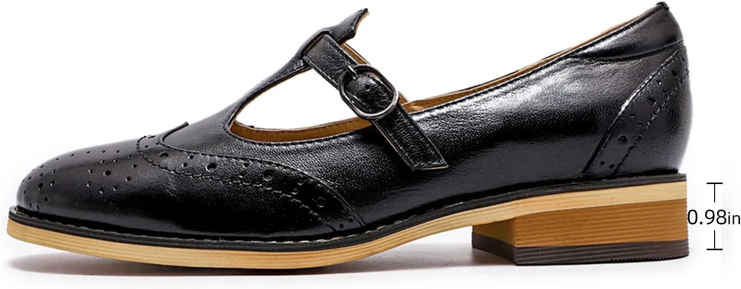 Mona flying Women's Leather Wingtip Oxford Mary Jane Loafer Casual Flat T Strap Shoes for Ladies