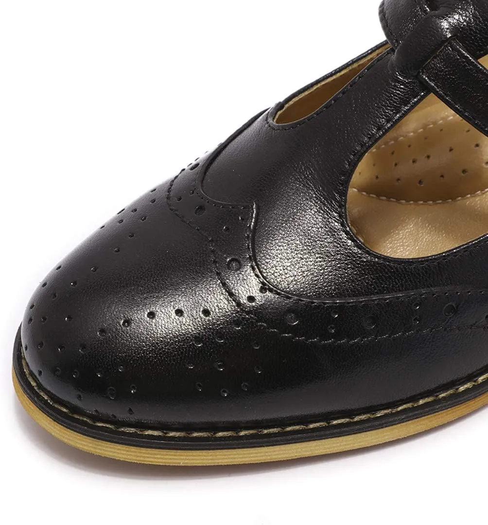 Mona flying Women's Leather Wingtip Oxford Mary Jane Loafer Casual Flat T Strap Shoes for Ladies