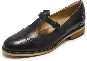 Mona flying Women's Leather Wingtip Oxford Mary Jane Loafer Casual Flat T Strap Shoes for Ladies