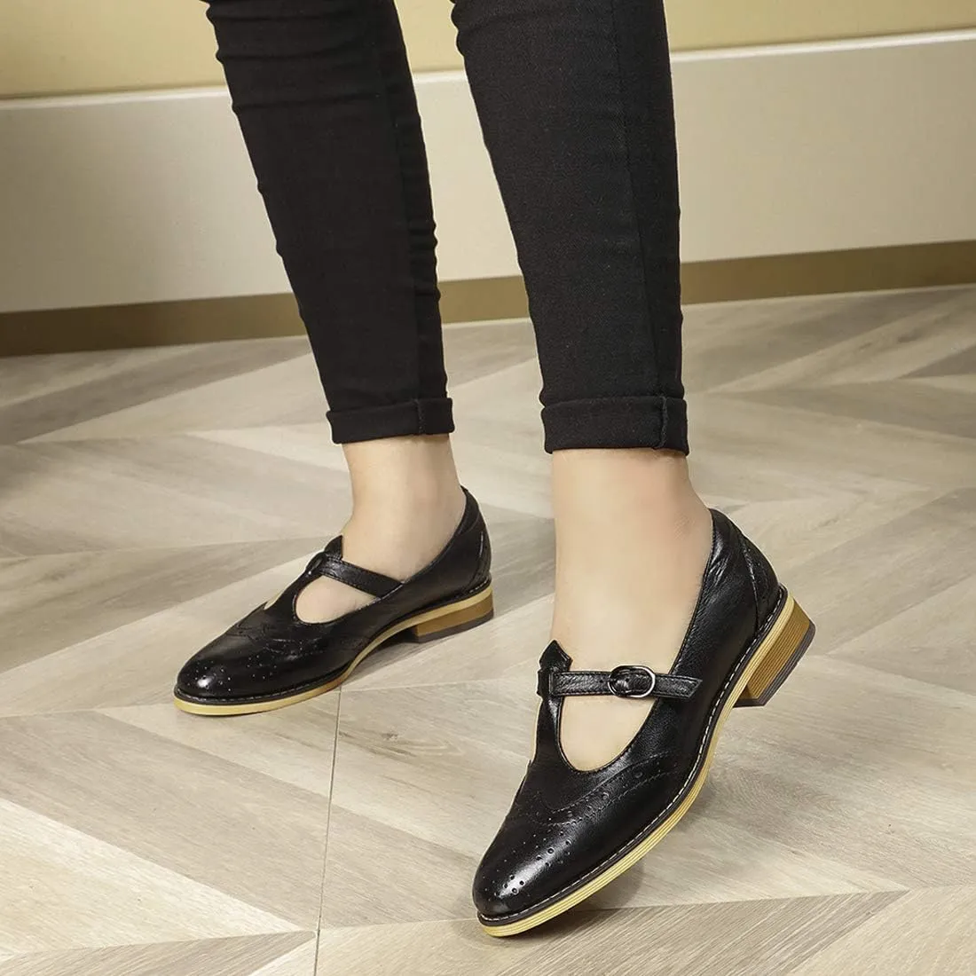 Mona flying Women's Leather Wingtip Oxford Mary Jane Loafer Casual Flat T Strap Shoes for Ladies