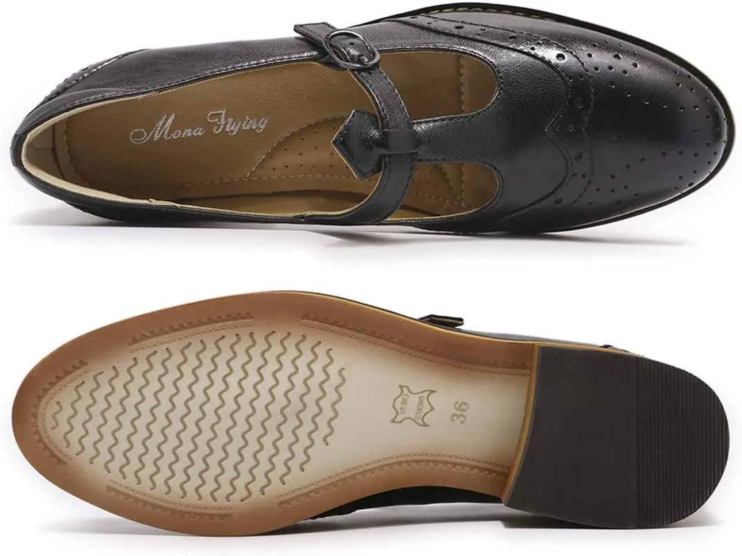 Mona flying Women's Leather Wingtip Oxford Mary Jane Loafer Casual Flat T Strap Shoes for Ladies