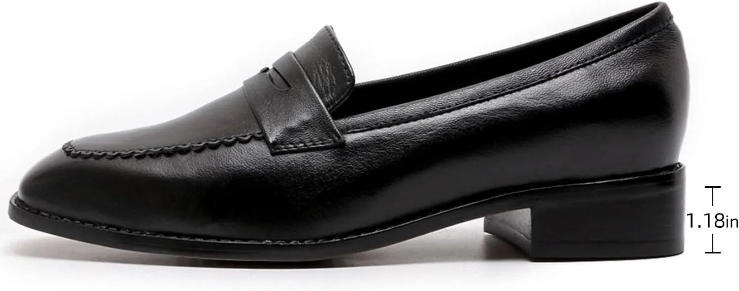 Mona flying Women's Top Leather Square Toe Penny Loafer Dress Casual Slip on Flat Office Work Shoes for Ladies