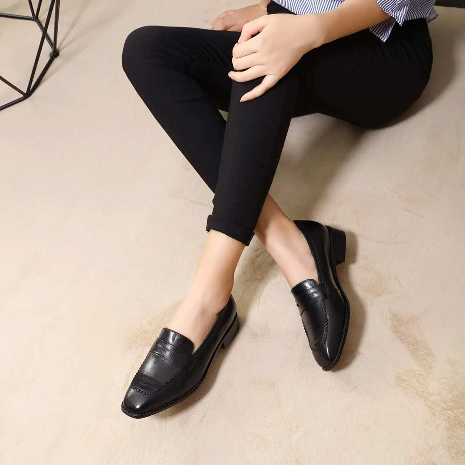 Mona flying Women's Top Leather Square Toe Penny Loafer Dress Casual Slip on Flat Office Work Shoes for Ladies