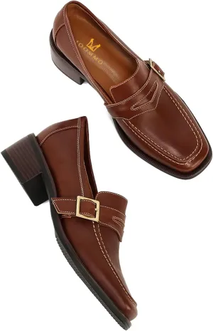 MOOMMO Women Classic Penny Loafers Closed Square Toe Patent Low Heel Loafers Slip On Metal Buckle 2" Chunky Heel Comfy Office Ladies Vintage Dress Loafer Shoes Size 4-9 M US