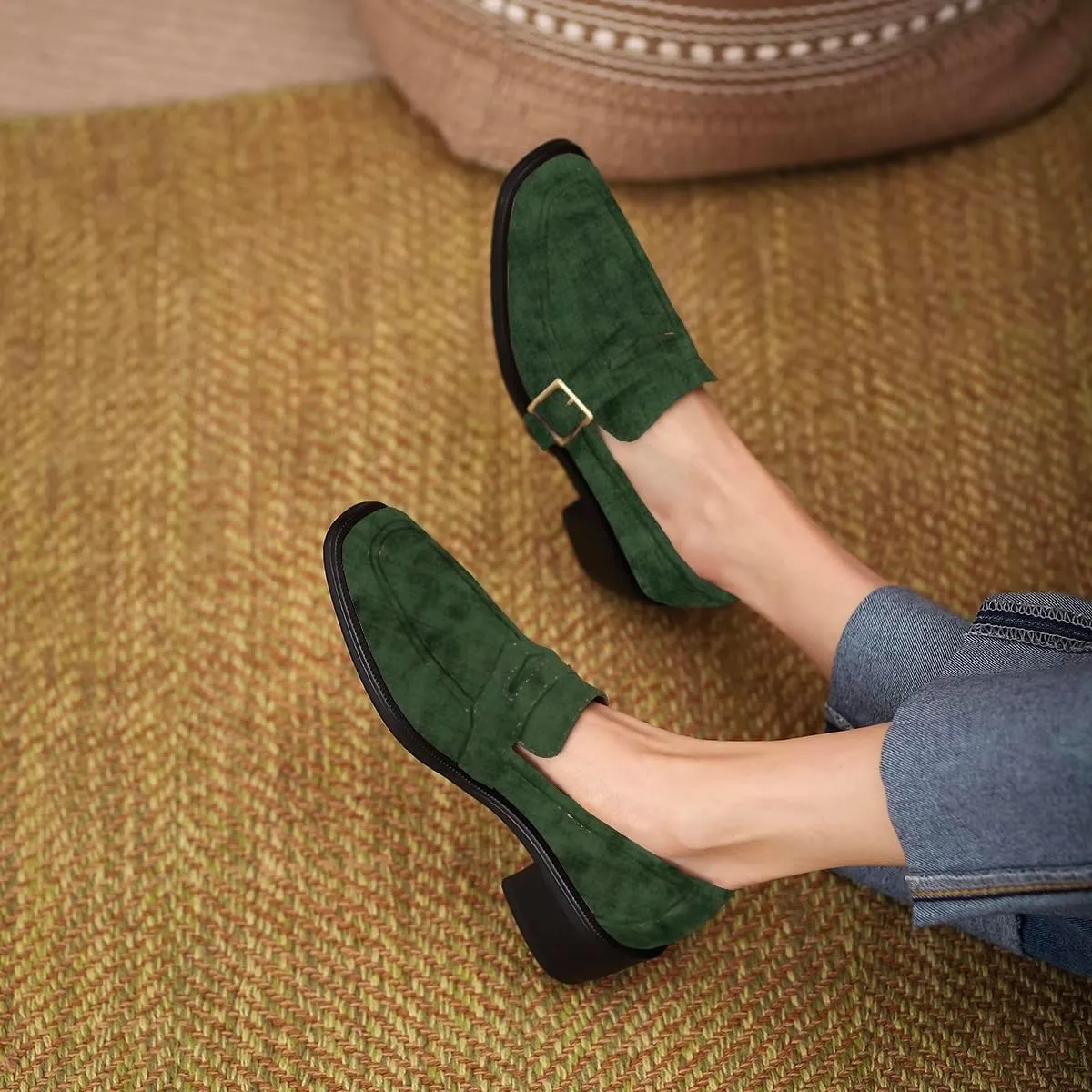 MOOMMO Women Classic Penny Loafers Closed Square Toe Patent Low Heel Loafers Slip On Metal Buckle 2" Chunky Heel Comfy Office Ladies Vintage Dress Loafer Shoes Size 4-9 M US
