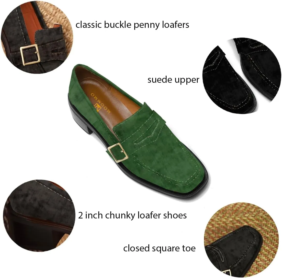 MOOMMO Women Classic Penny Loafers Closed Square Toe Patent Low Heel Loafers Slip On Metal Buckle 2" Chunky Heel Comfy Office Ladies Vintage Dress Loafer Shoes Size 4-9 M US
