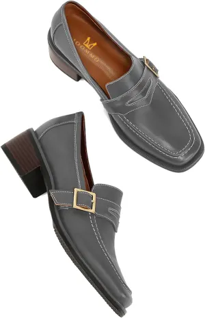 MOOMMO Women Classic Penny Loafers Closed Square Toe Patent Low Heel Loafers Slip On Metal Buckle 2" Chunky Heel Comfy Office Ladies Vintage Dress Loafer Shoes Size 4-9 M US