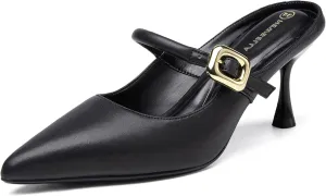 Mousse FIT Women's Pointed Toe Heel Mules for Women Knit Heeled Sandals Mules Shoes Dark Black