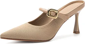 Mousse FIT Women's Pointed Toe Heel Mules for Women Knit Heeled Sandals Mules Shoes