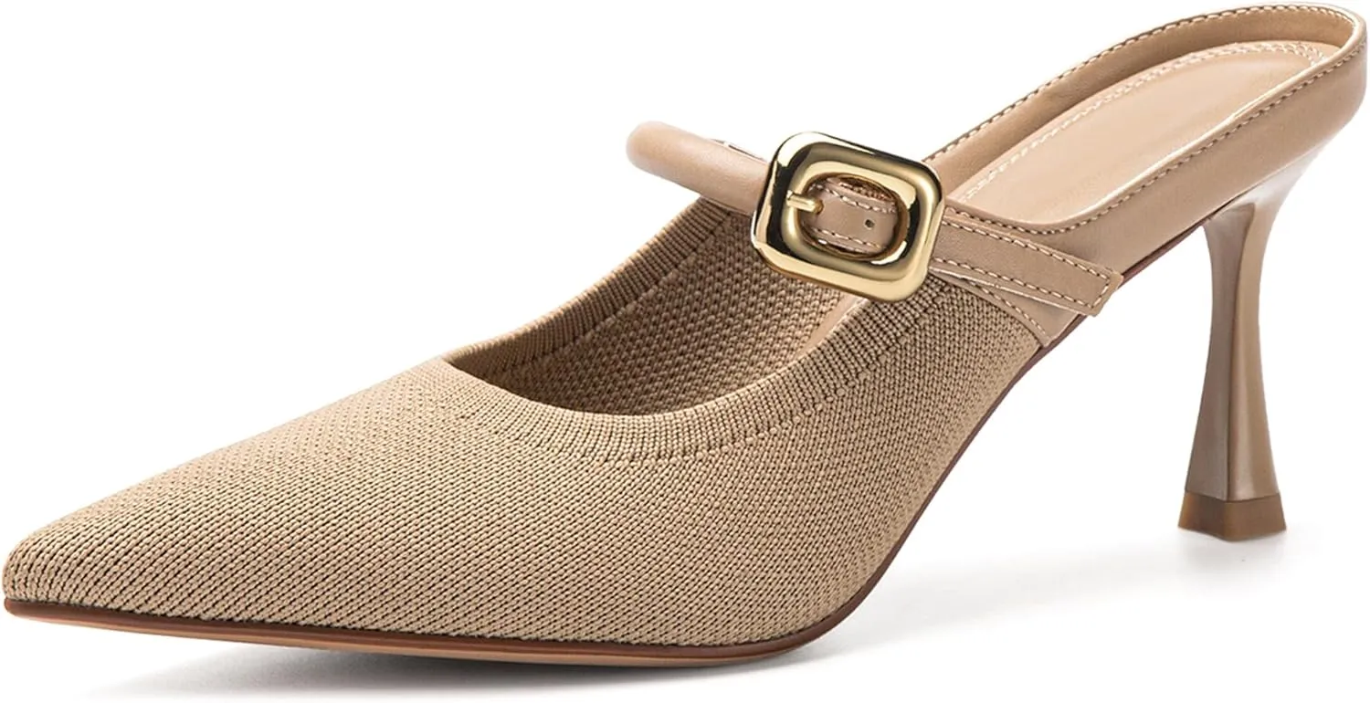Mousse FIT Women's Pointed Toe Heel Mules for Women Knit Heeled Sandals Mules Shoes