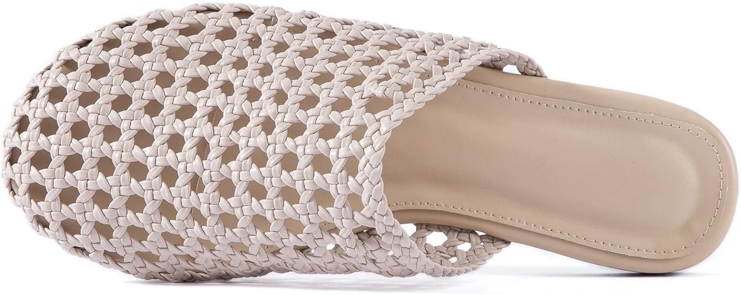 Mtzyoa Women Flat Sandals Mesh Knit Hollow Braided Summer Breathable Openwork Cushioned Non Slip Slip-On Dressy Casual Vacation Bohemian Cute Slides