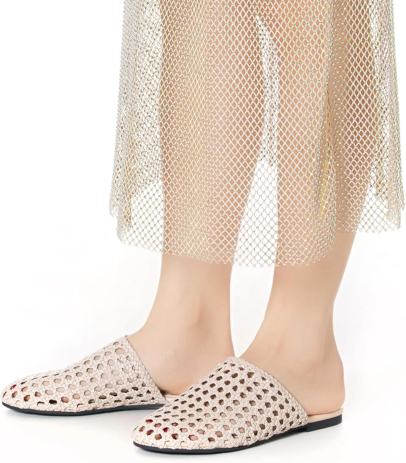 Mtzyoa Women Flat Sandals Mesh Knit Hollow Braided Summer Breathable Openwork Cushioned Non Slip Slip-On Dressy Casual Vacation Bohemian Cute Slides