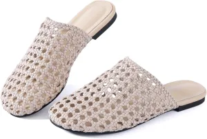 Mtzyoa Women Flat Sandals Mesh Knit Hollow Braided Summer Breathable Openwork Cushioned Non Slip Slip-On Dressy Casual Vacation Bohemian Cute Slides