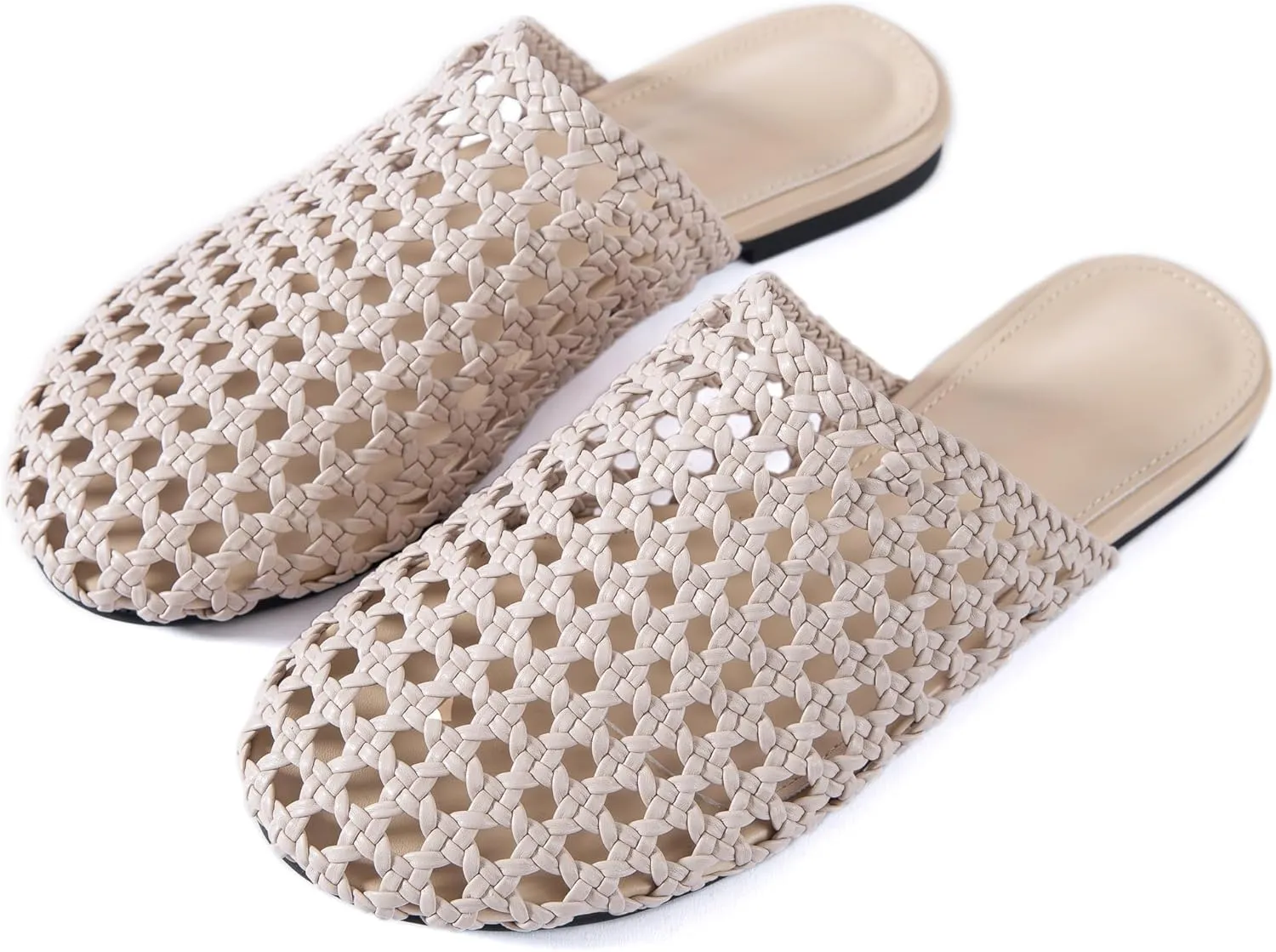 Mtzyoa Women Flat Sandals Mesh Knit Hollow Braided Summer Breathable Openwork Cushioned Non Slip Slip-On Dressy Casual Vacation Bohemian Cute Slides
