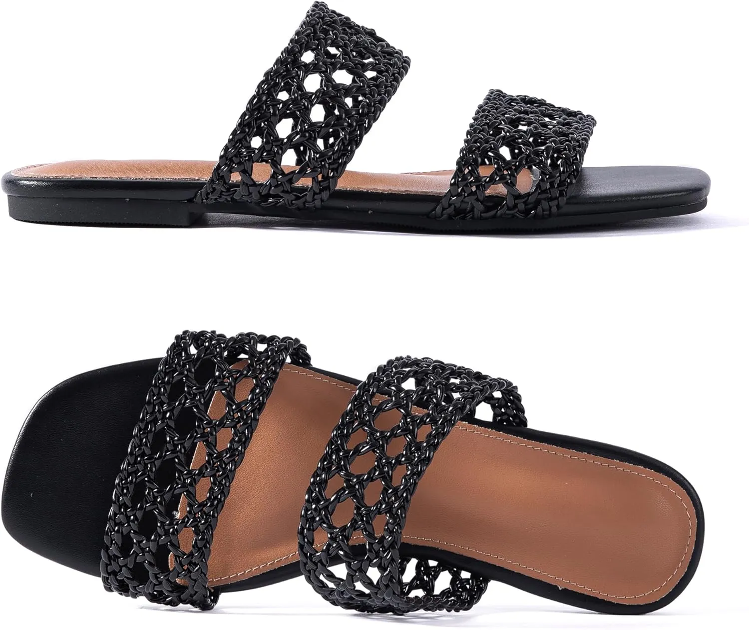 Mtzyoa Women's Sandals Casual Braided Dressy Summer Square Toe Quilted Flat Sandals
