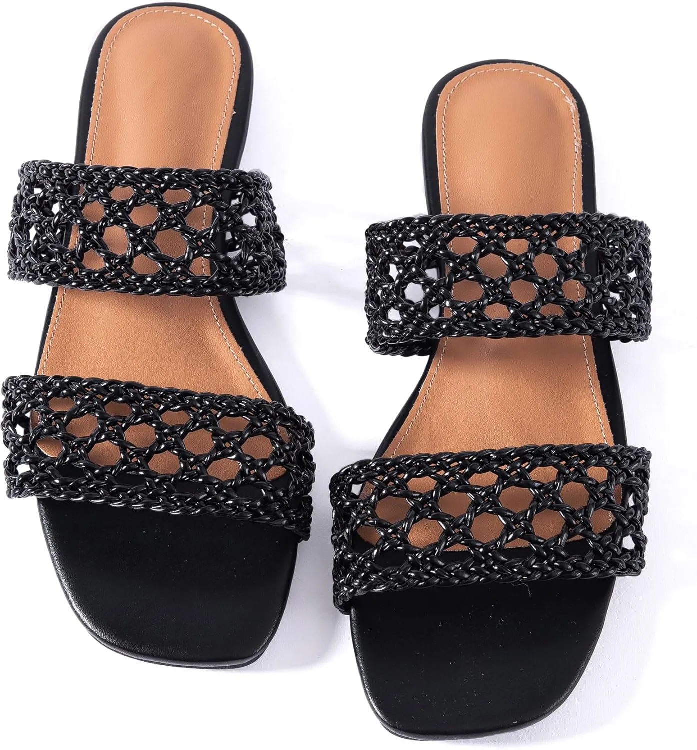 Mtzyoa Women's Sandals Casual Braided Dressy Summer Square Toe Quilted Flat Sandals