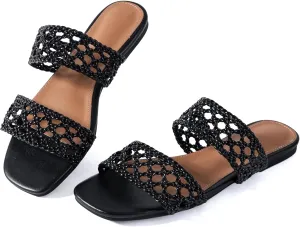 Mtzyoa Women's Sandals Casual Braided Dressy Summer Square Toe Quilted Flat Sandals