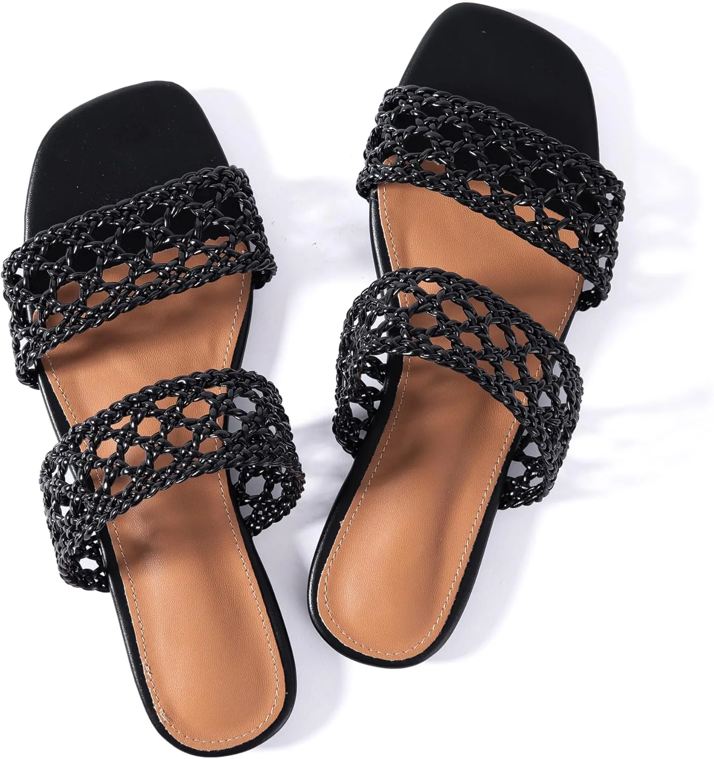 Mtzyoa Women's Sandals Casual Braided Dressy Summer Square Toe Quilted Flat Sandals