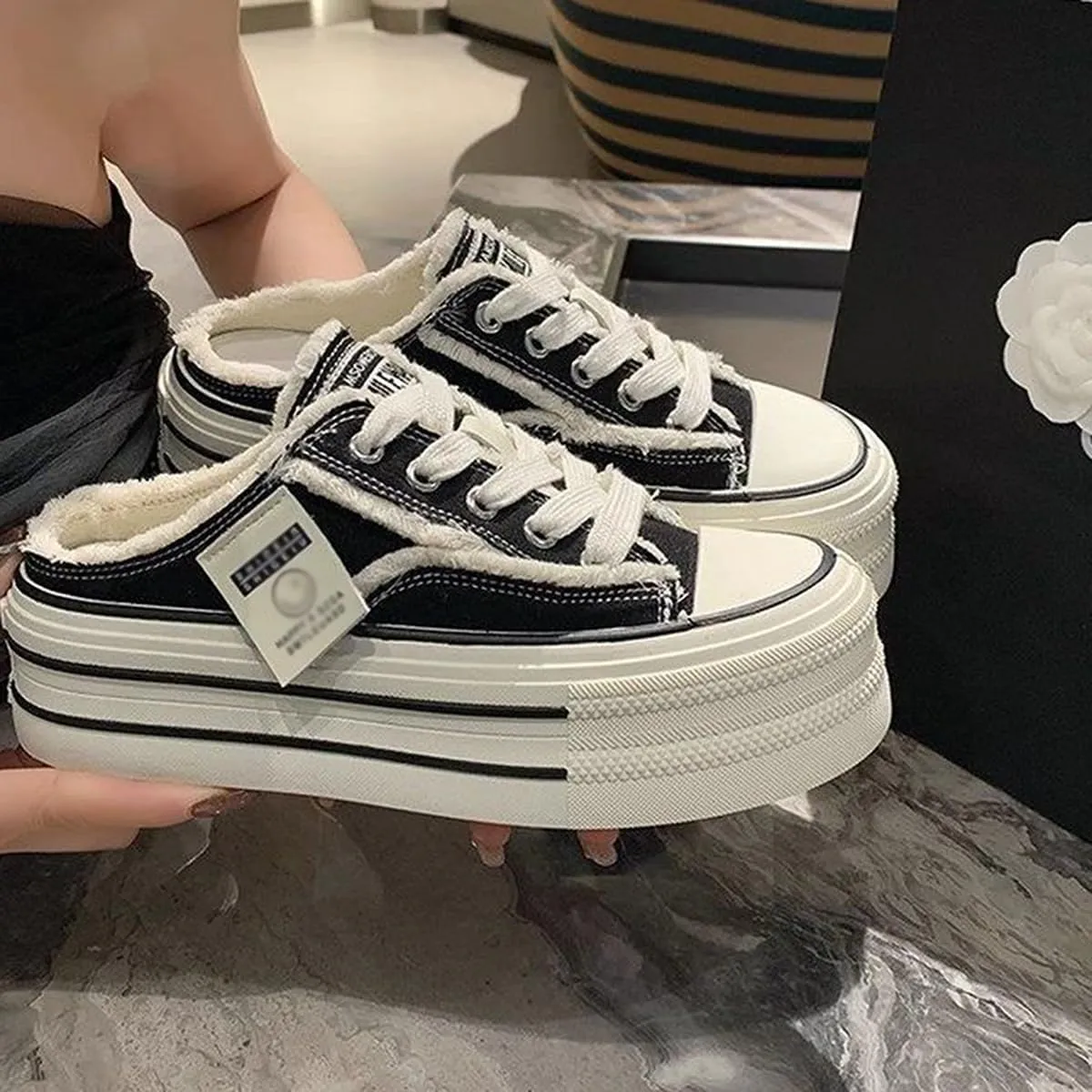 Mule Sneakers for Women 2025,Women's Canvas Mule Sneakers, Slip on Platform Sneakers for Women,Breathable Casual Shoes Indoor Outdoor, Comfortable Slip-On Mule Backless Holiday Shoes