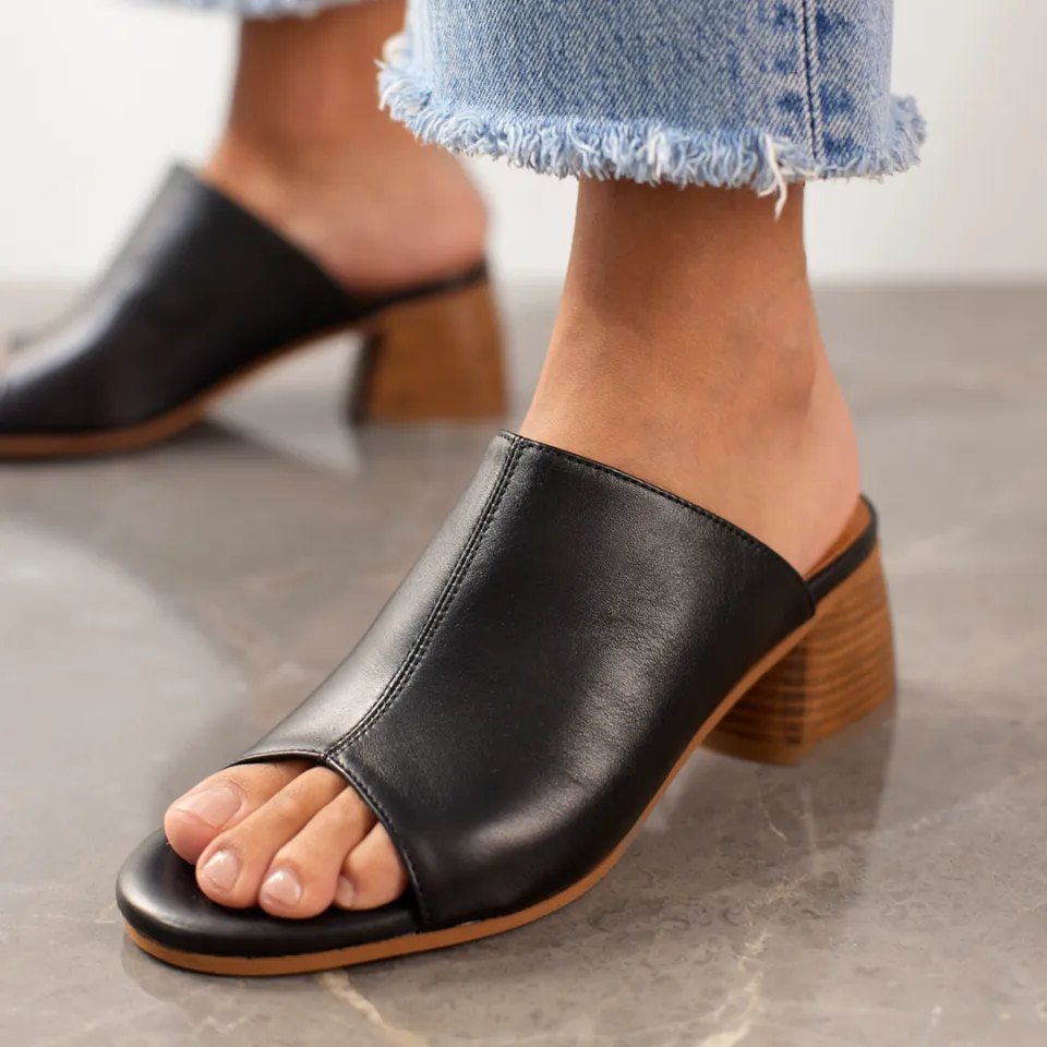 Mule with sculptural wooden heel