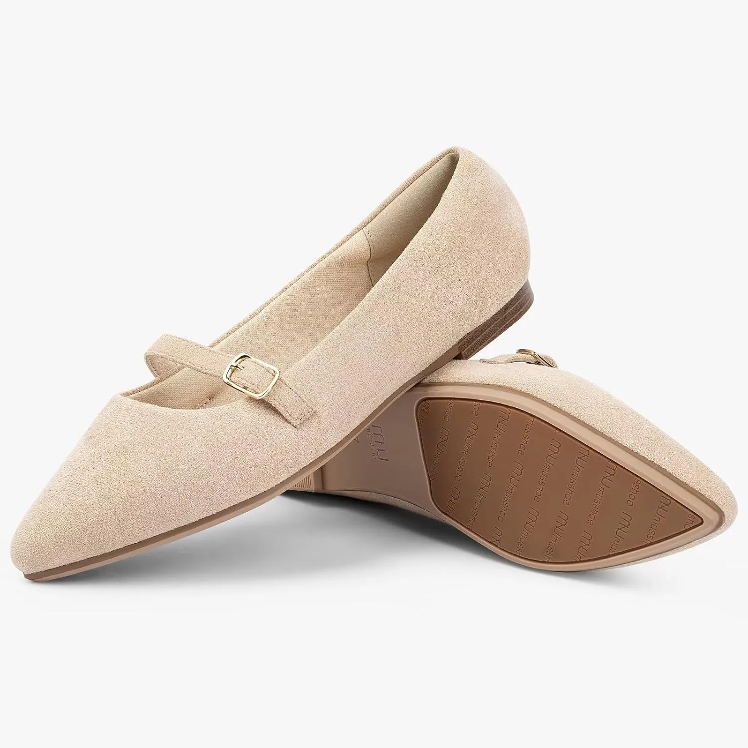 MUSSHOE Women Flats Comfortable Pointed Toe Flats Shoes with Strap PU Leather Slip on Shoes for Women