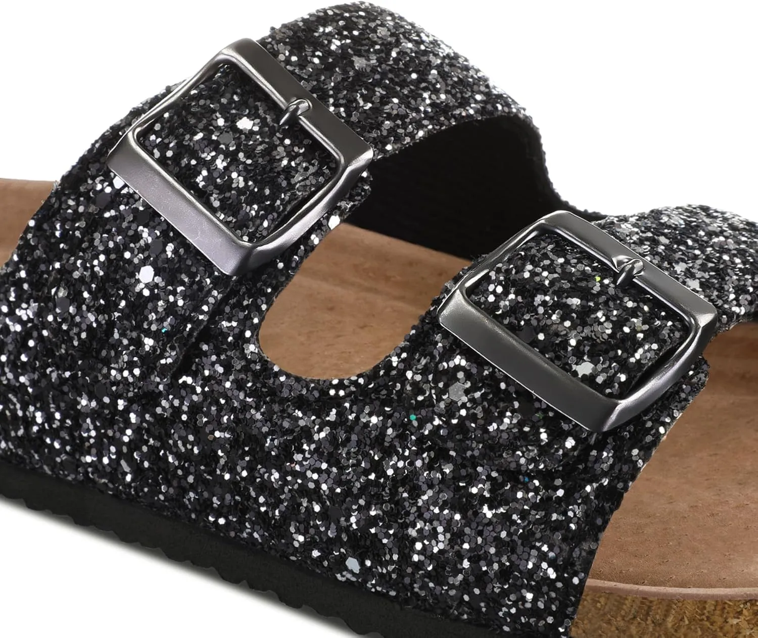mysoft Womens Flat Sandals Cork Footbed Slides 2 Straps Adjustable Buckle Slip On Summer with  Comfort Shoes