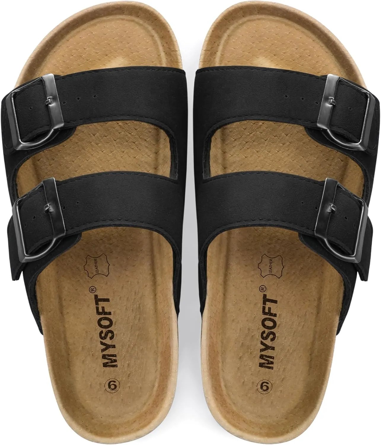 mysoft Womens Flat Sandals Cork Footbed Slides 2 Straps Adjustable Buckle Slip On Summer with  Comfort Shoes