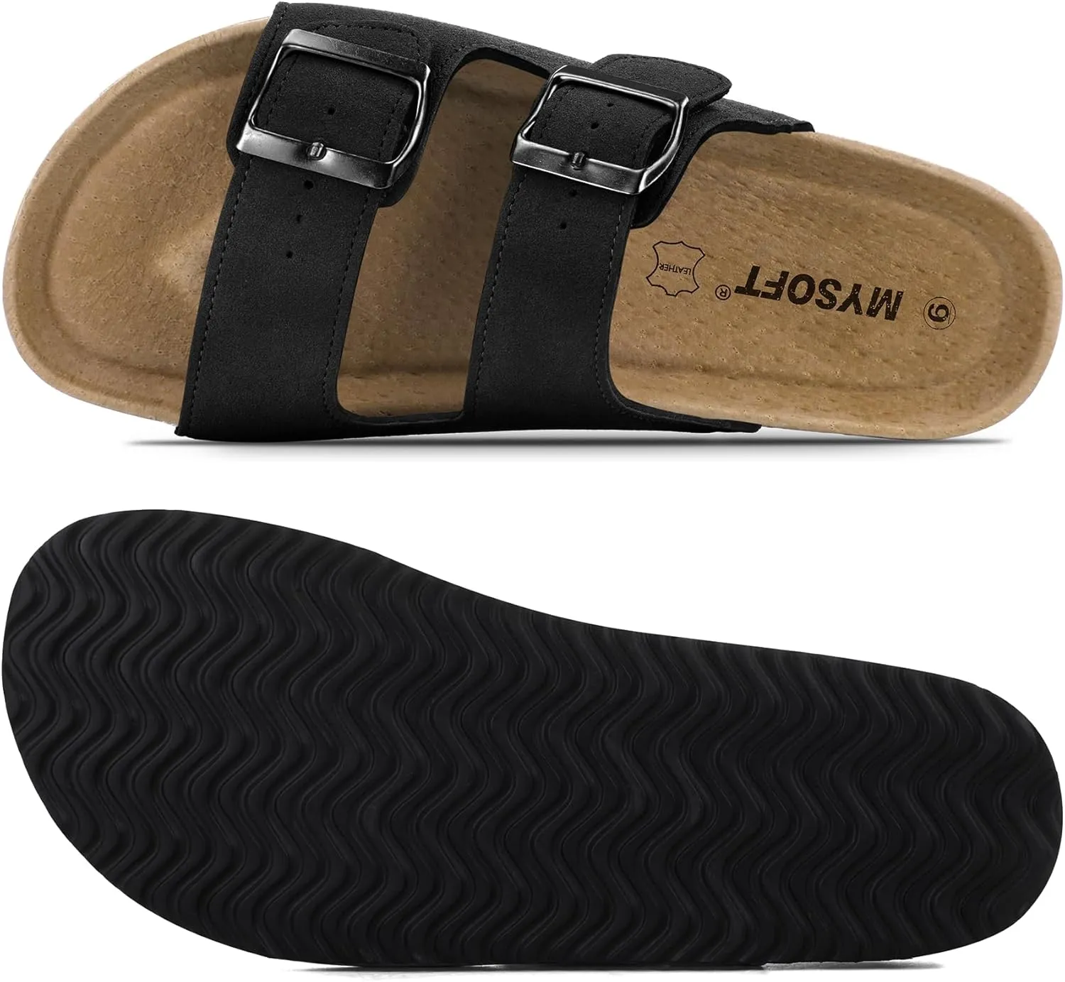 mysoft Womens Flat Sandals Cork Footbed Slides 2 Straps Adjustable Buckle Slip On Summer with  Comfort Shoes