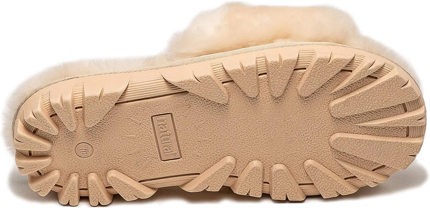 Natural Women's Charlotte Sheepskin Fur Flat Slide Sandals Open Toe Furry Slippers Soft Comfortable Fluffy Indoor Outdoor Slip-Ons, Cushioned EVA Sole