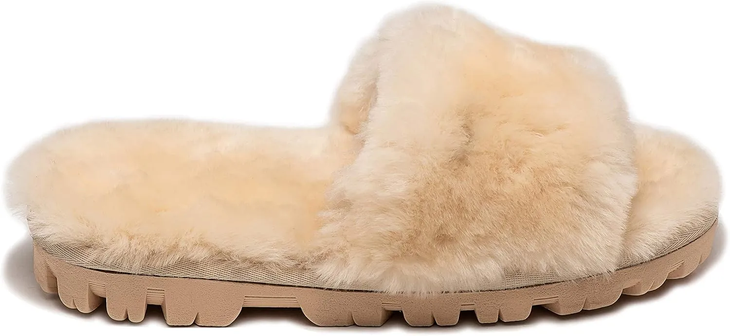 Natural Women's Charlotte Sheepskin Fur Flat Slide Sandals Open Toe Furry Slippers Soft Comfortable Fluffy Indoor Outdoor Slip-Ons, Cushioned EVA Sole