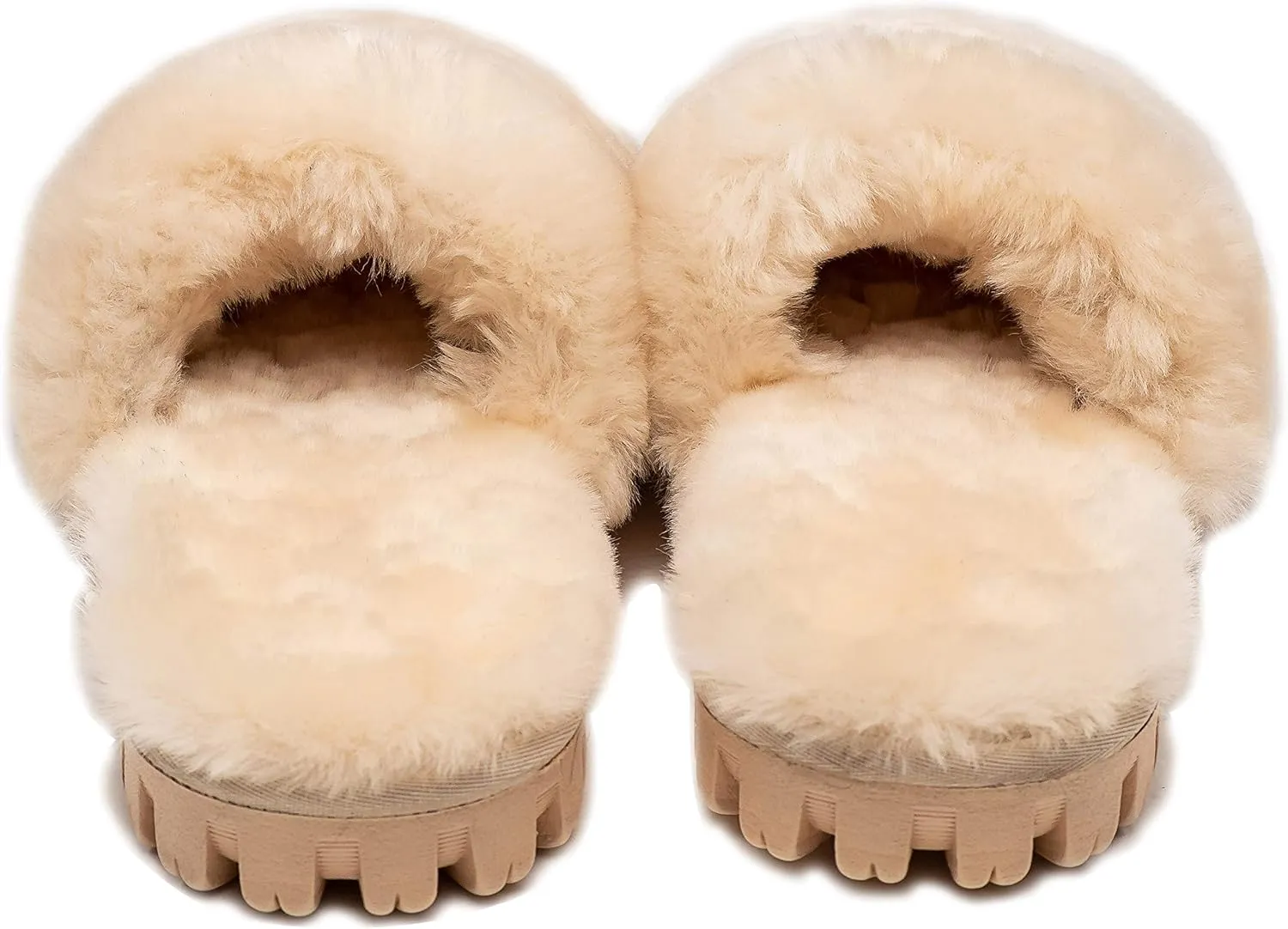Natural Women's Charlotte Sheepskin Fur Flat Slide Sandals Open Toe Furry Slippers Soft Comfortable Fluffy Indoor Outdoor Slip-Ons, Cushioned EVA Sole