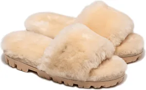 Natural Women's Charlotte Sheepskin Fur Flat Slide Sandals Open Toe Furry Slippers Soft Comfortable Fluffy Indoor Outdoor Slip-Ons, Cushioned EVA Sole