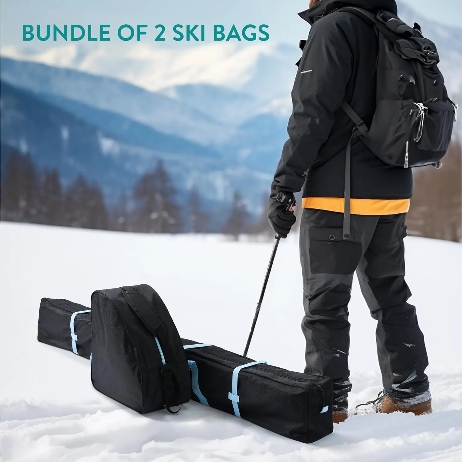 Navaris Ski Bag and Boot Bag Set - Includes 1 Bag for Skis and 1 Bag for Boots - for 1 Pair of Skis and Poles and 1 Pair of Boots - Carry and Store Equipment