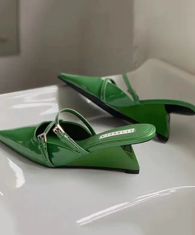 New Black Wedge Heel Pointed Toe Slide Sandals GEM593
