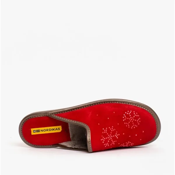 Nordikas 1747 (AFELPADO) Womens Suede Mule Slippers Cherry