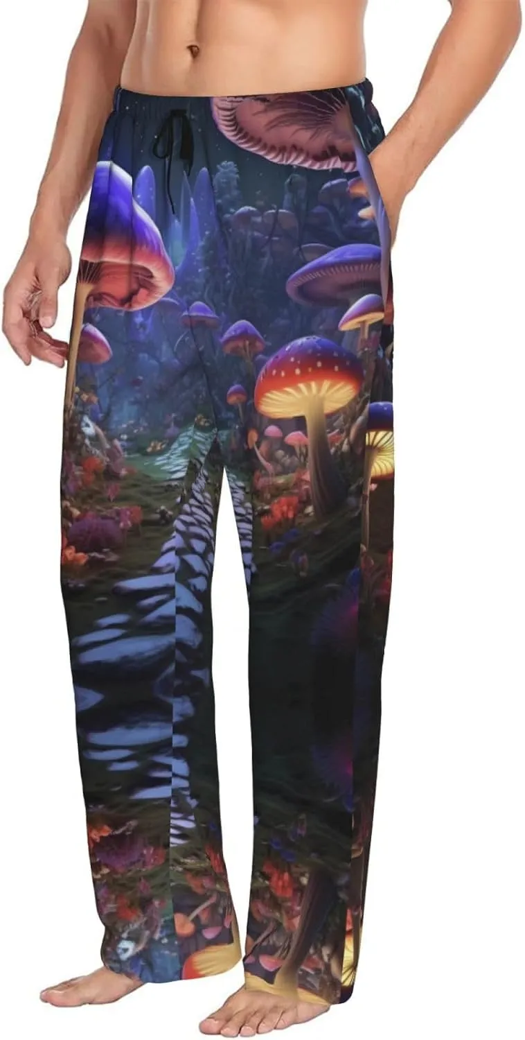 Novastar Mens Pajama Pants Bottoms with Pockets- Jungle Path Glowing Mushrooms Soft Men Pj Pants, Comfy Men Lounge Pants