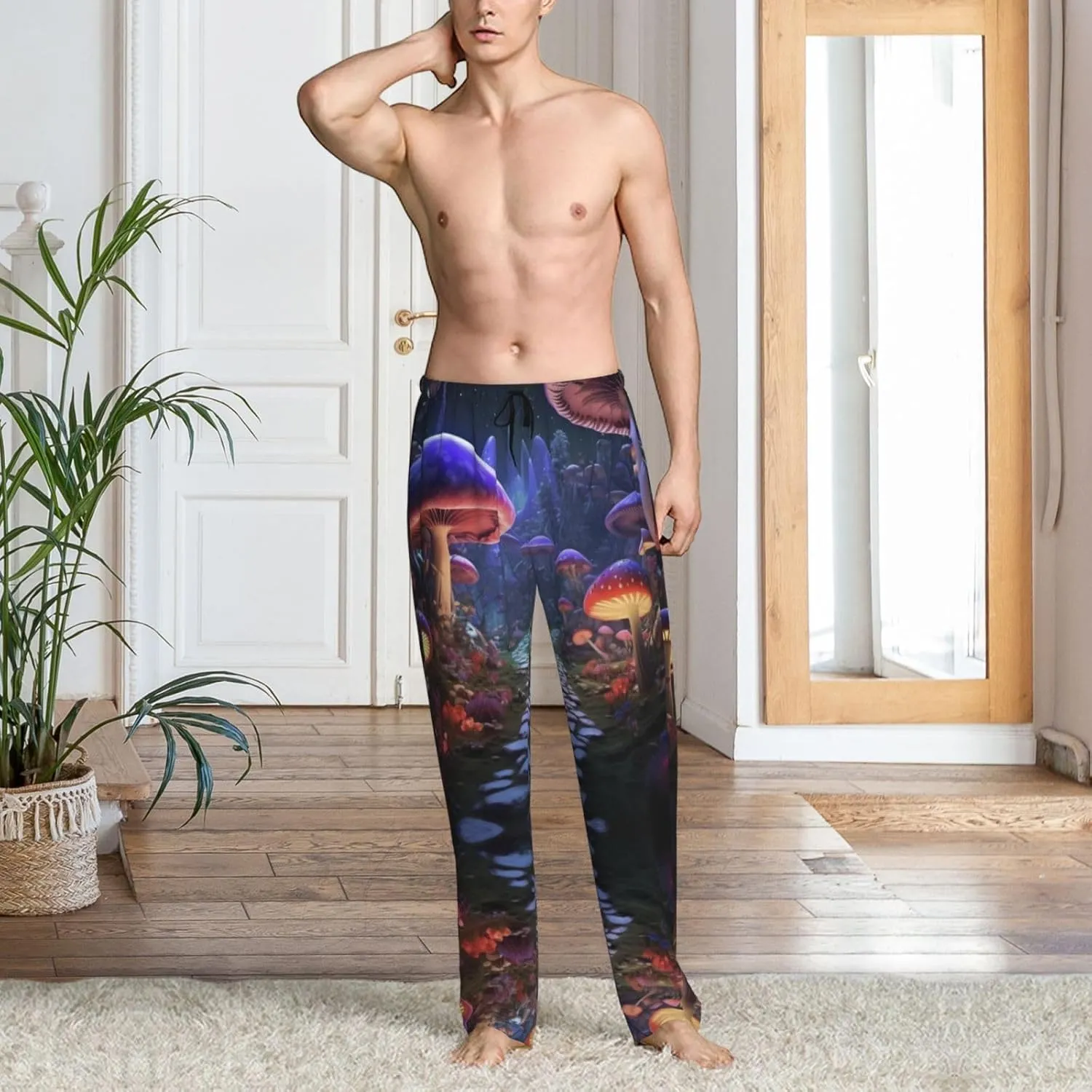 Novastar Mens Pajama Pants Bottoms with Pockets- Jungle Path Glowing Mushrooms Soft Men Pj Pants, Comfy Men Lounge Pants
